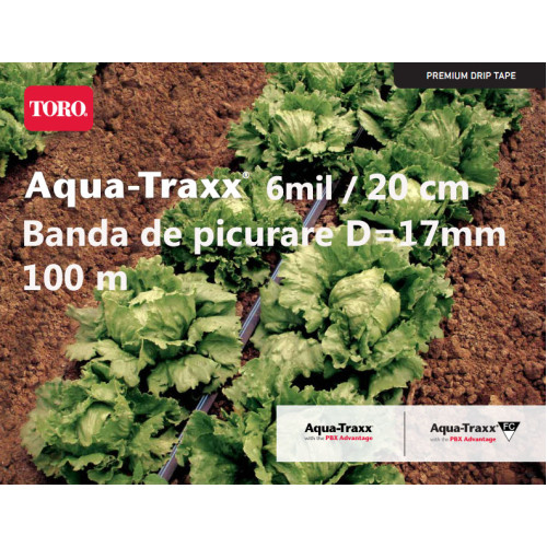 Bandă de picurare Aqua TraXX, diametru 17mm, distanta picurare 20 cm, rola 100 m Bandă de picurare Aqua TraXX, diametru 17mm, distanta picurare 20 cm, rola 100 m